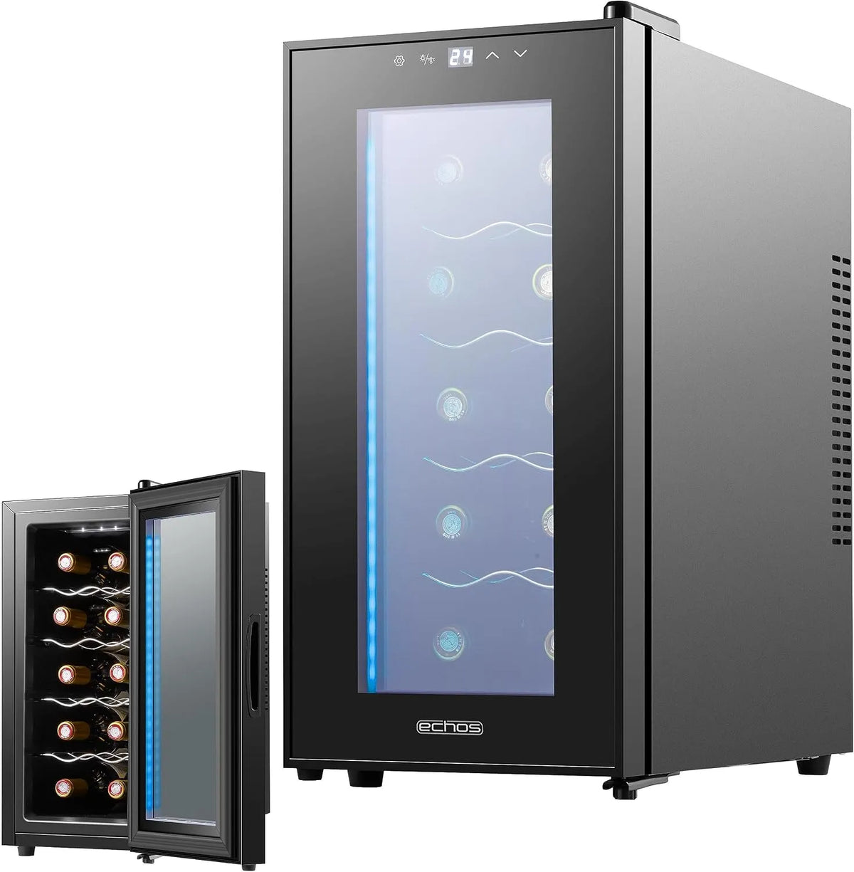 Echos, Minikøleskabe, Vinkøleskab 10 Flasker 28 Liter LED Lighting vin Cooler Vin Klimakøleskab Mini, Sort, 28 L, 10 v