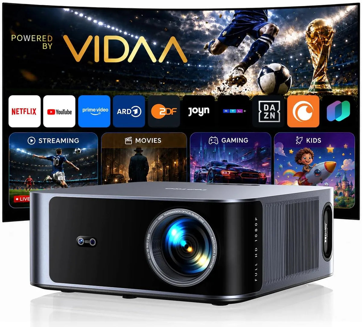 TOPTRO HDR10 2000ANSI, Projektorer, Beamer 4K [Fast VIDAA OS] Kompatibel med Netflix, Dolby Audio &, Smart Beamer, Sort, 4K, Full HD, 1000 l