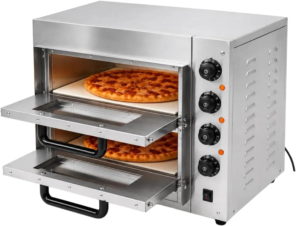 Mqwdxzfes, Pizzaovne, 3000W Elektrisk pizzaovn, Professionel dobbelt-dæk pizza ovn med timer &, Sølv, 3000W, 220V, 50Hz, 20L
