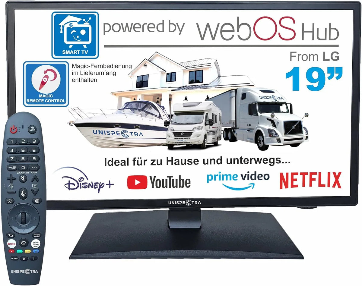 Unispectra Remote.3xHDMI 2xUSB, TV og hjemmebiograf, ® 19 ′ 'Smart TV (webOS) HDR 230V 24V Triple Tuner: Satellit, Antenna, kabel-tv, Sort, 230V