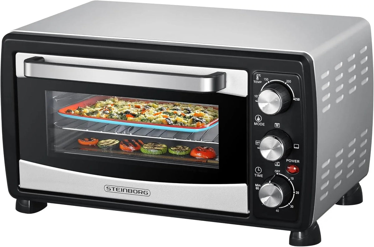 Steinborg, Miniovne, ® Mini ovn med cirkulerende luft 20 liter pizza ovn krumme plade cirkulerende, Sort / sølv, 20 l, 1.400 w, 13 l, 1200 W