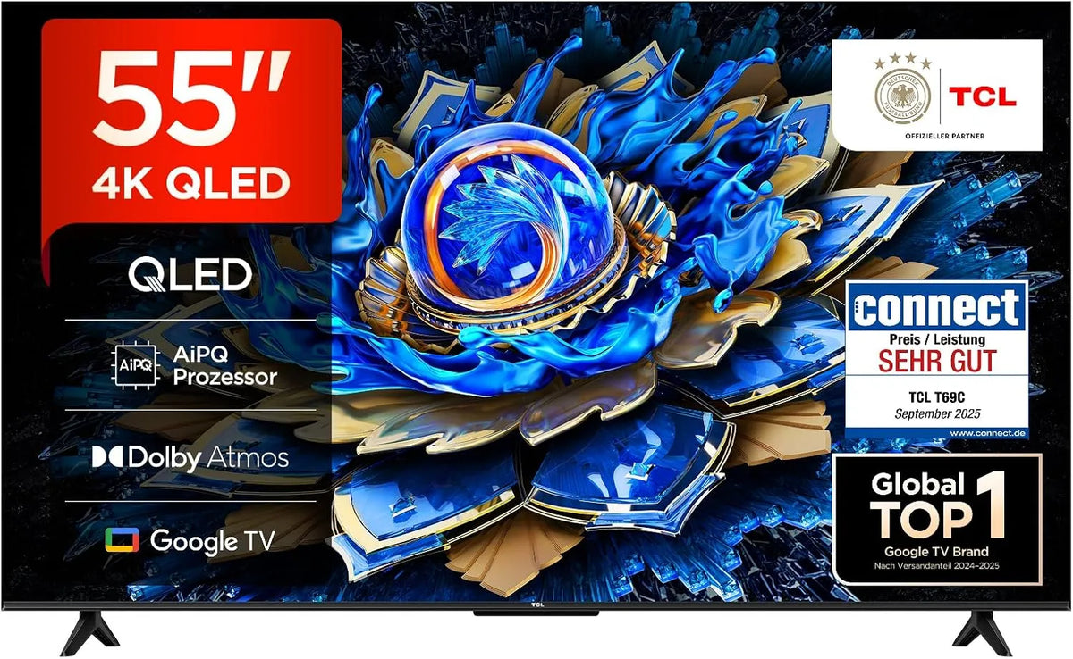 TCL 55T69C, TV'er, 55 tommer QLED, Direkte LED-tv, 4K HDR-tv, Smart Google TV (Dolby Vision & Atmos, Sort, QLED, 4K, 1G, 2G