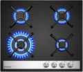 GASLAND GH6604BG1FC, Kogeplader, Glas Gas Kochfeld Bygget glas Kochfeld 4 Flamme, Gas Kochfeld med Wok Brenner, 60, Sort, 60 cm, 8000 w, 8, 0 KW