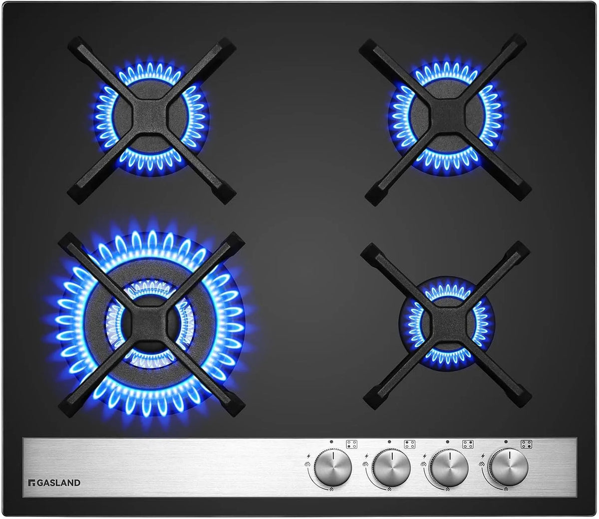 GASLAND GH6604BG1FC, Kogeplader, Glas Gas Kochfeld Bygget glas Kochfeld 4 Flamme, Gas Kochfeld med Wok Brenner, 60, Sort, 60 cm, 8000 w, 8, 0 KW