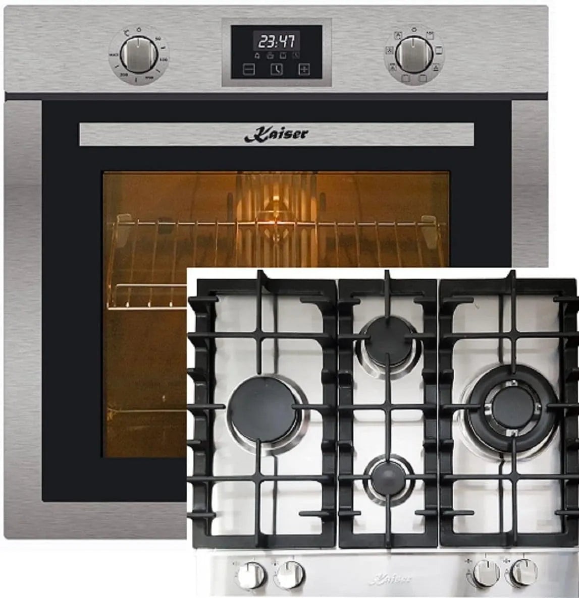 Kaiser, Ovne, 6323+KG bageovn sæt EH 6323 + KG 6364, selv- tilstrækkelig, rustfrit stål, Sølv, 60cm, 3, 8 Kw, 4 g, 79L