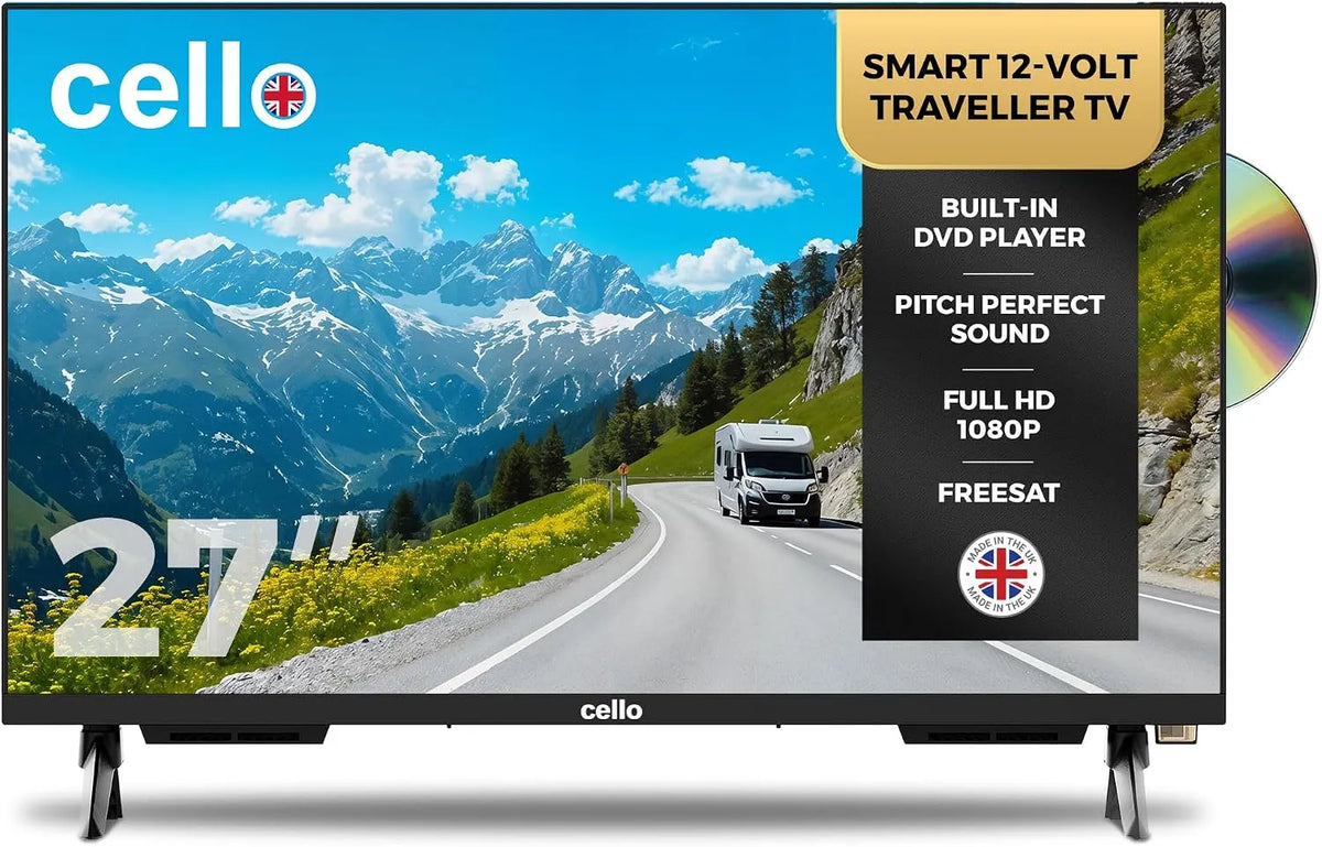 Cello C2725WSF 1080p, Bærbare TV'er, 27 'Smart 12V Traveller TV, DVD, 230V, WebOS, Freeview Play, Pitch Sound, Sort, 2725W, 27 ', 12V