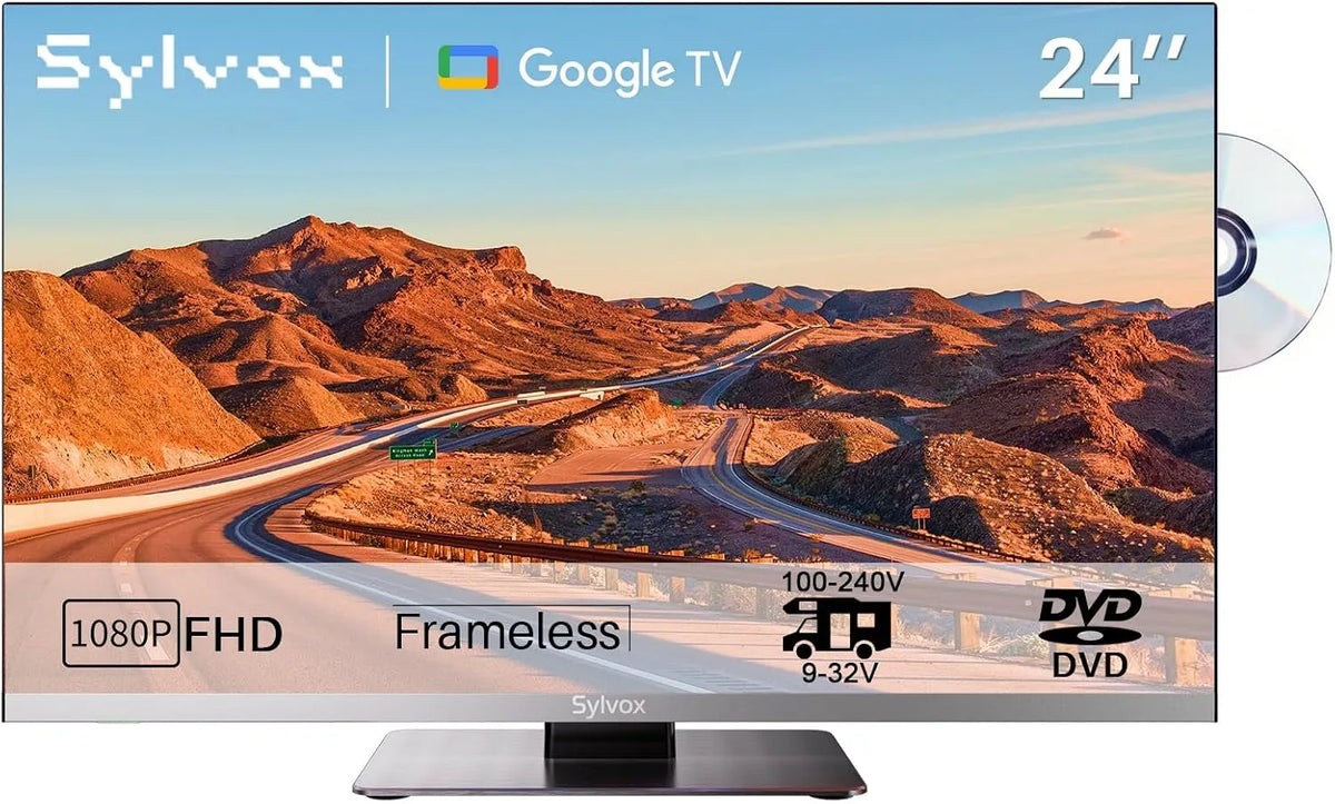 SYLVOX DVB/T2/S2 1080P, TV'er, 24- tommer 12V TV til autocamper, Smart Google TV med DVD-afspiller, FHD, uden, Sort, 12V, 32V, 4G, 5W