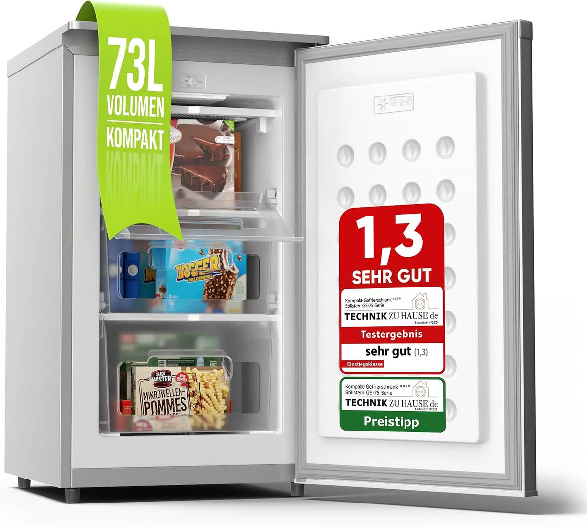 Stillstern 4-Sterne-Gefrierfach 4-stjernet, Fryseudstyr, Lille (73L) fryseskab -18 ° C. energieffektiv Mini Fryser med 3 rum, trinløst, Sølv, 73L