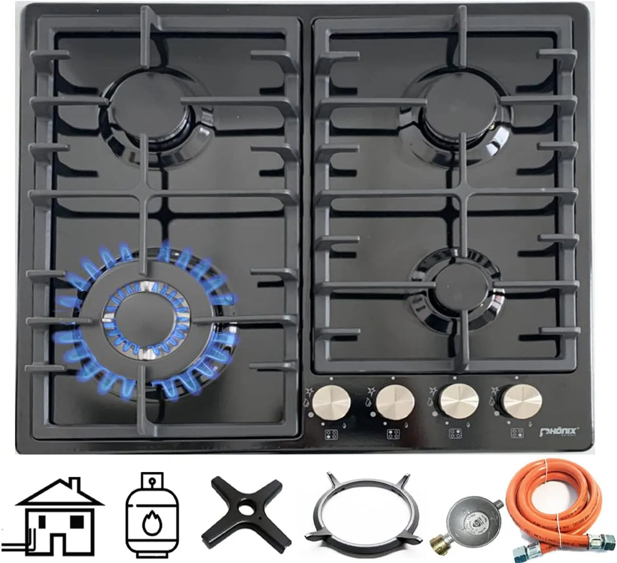 Phönix Germany PE-603T, Kogeplader, Phönix PE- build- in gas kogetop Gas komfur 4 flammebestandig build- in komfur, Sort, 60cm, 80cm, 11kg
