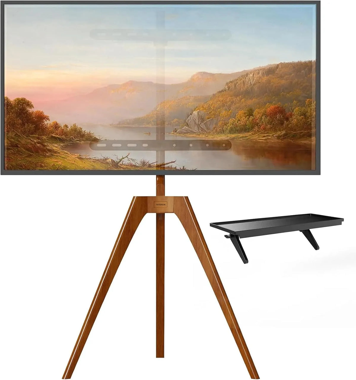 PUTORSEN, Stativfødder, TV stand i easel design til TV 45-65 inches, TV trefod bøgetræ med mediehylde, 45, Brun, 65 inch, 45 g, 400 x 400 mm
