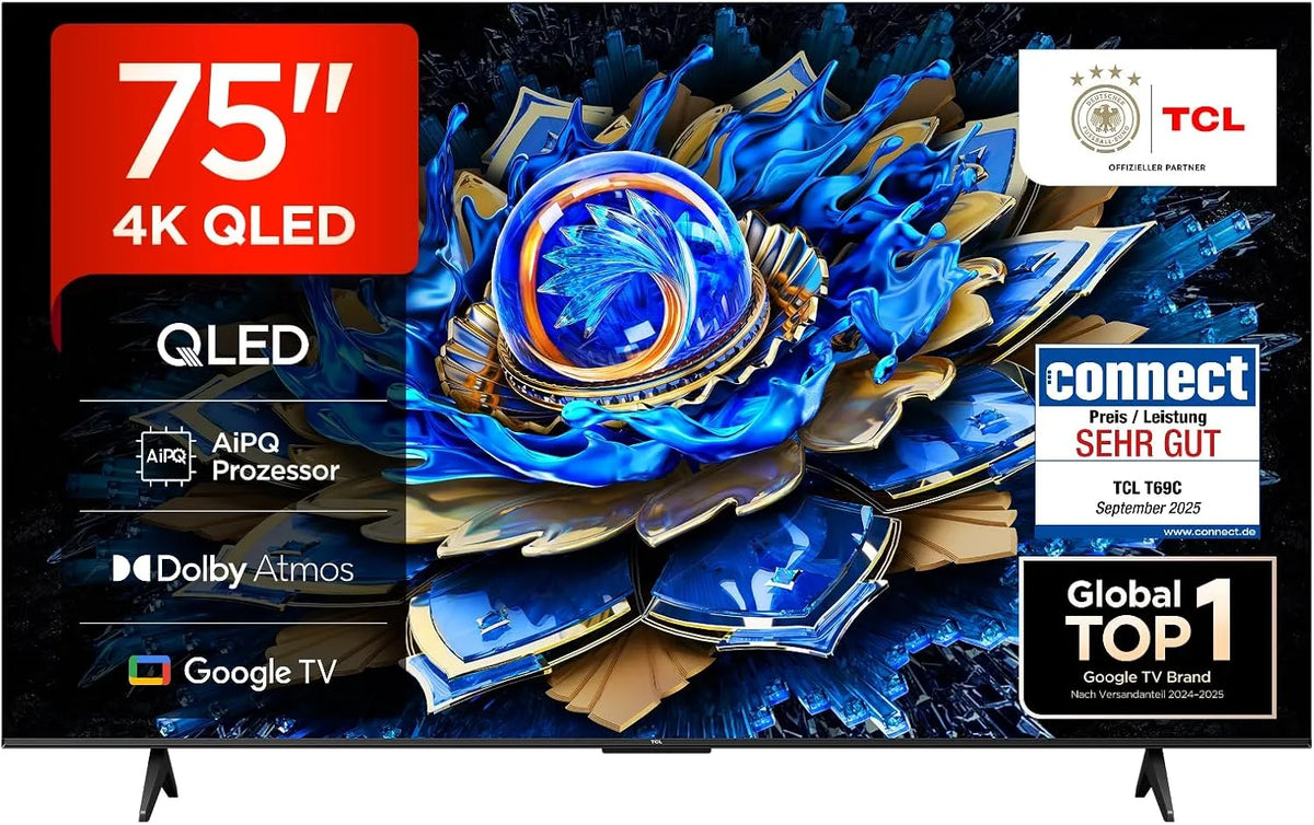 TCL 75T69C, TV'er, 75 tommer QLED, Direkte LED-tv, 4K HDR-tv, Smart Google TV (Dolby Vision & Atmos, Sort, QLED, 4K, 1G, 2G