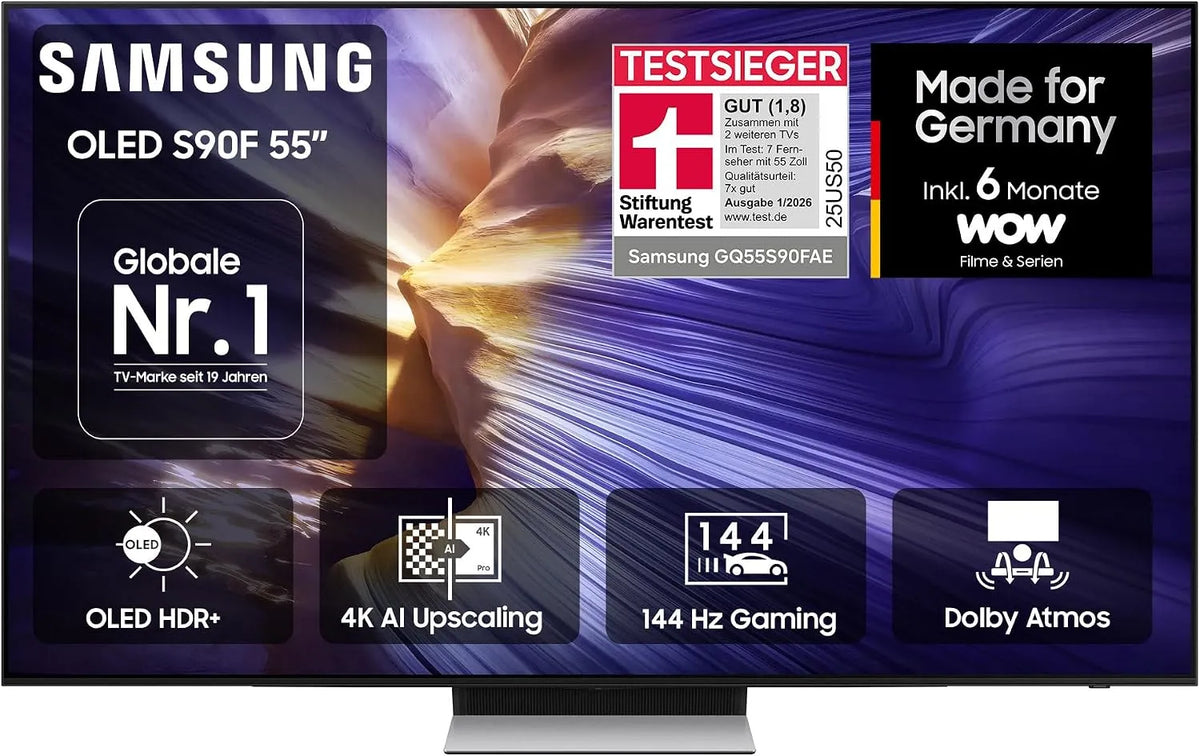Samsung S90F Gen3, TV'er, OLED 4K 55 tommer (138 cm), UHD TV, Optimeret til fodbold og spil, NQ4 AI, Sort, OLED, 4K, 138 cm, 144 Hz