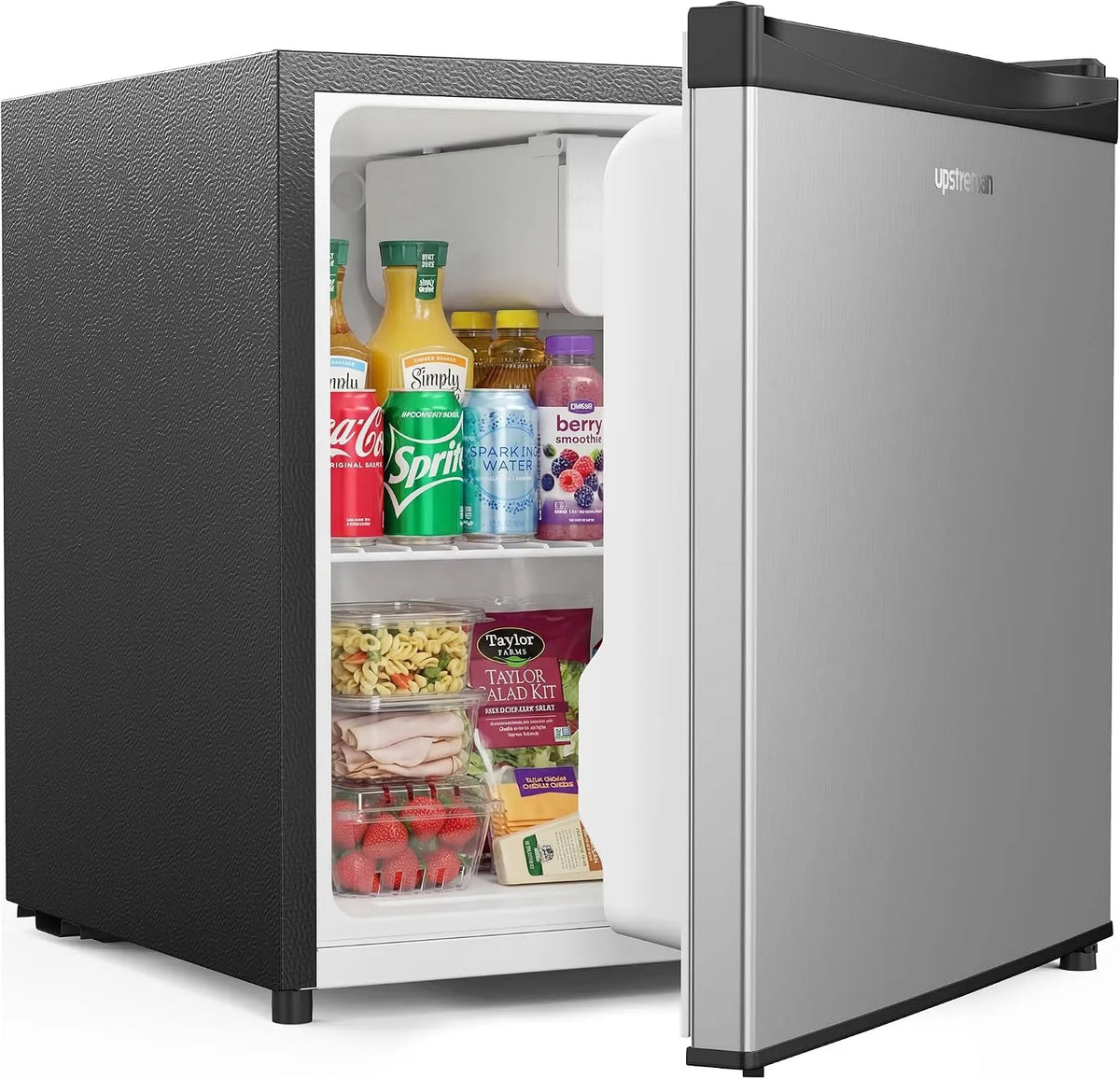 Upstreman Edelstahl-FR17, Minikøleskabe, Mini Køleskab 46L med iskasse, temperaturstyring, energibesparende, dørstop, Sølv, 46L, 49 x 47