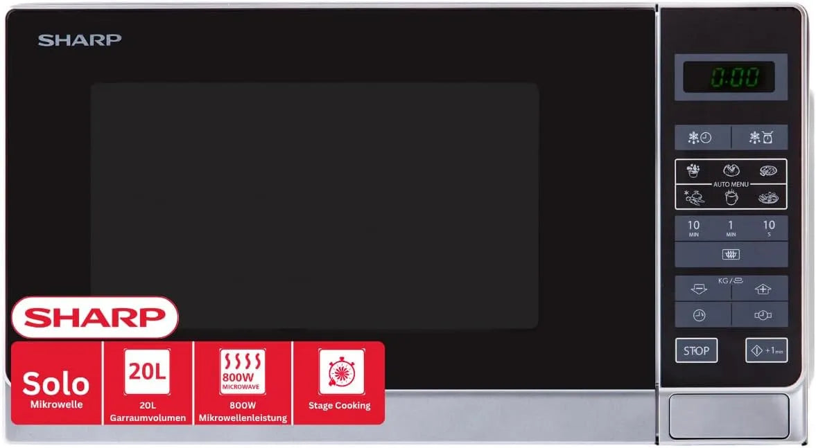 SHARP R242INW, Solo-mikrobølgeovne, Solo Mikrobølgeovn 20 L 800 W AutoCook Sølv, 20 L, 800 W, 255 mm