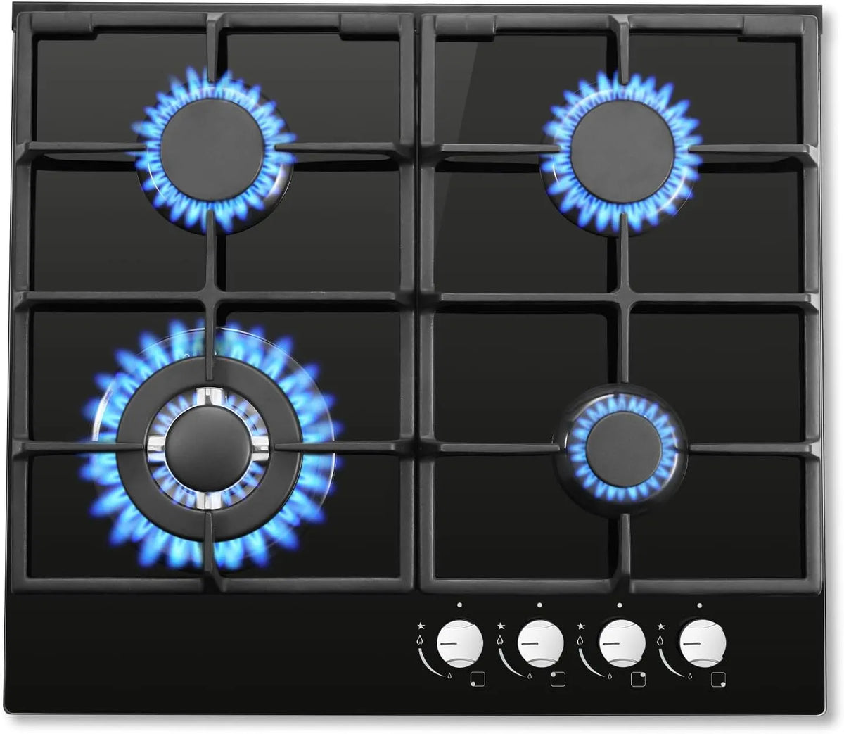 SNDOAS, Kogeplader, Gas Kochfeld 4 Flamme, 58cm Glas Gas komfur, 8060W, Sort, 58cm, 3400 W, 1880 W