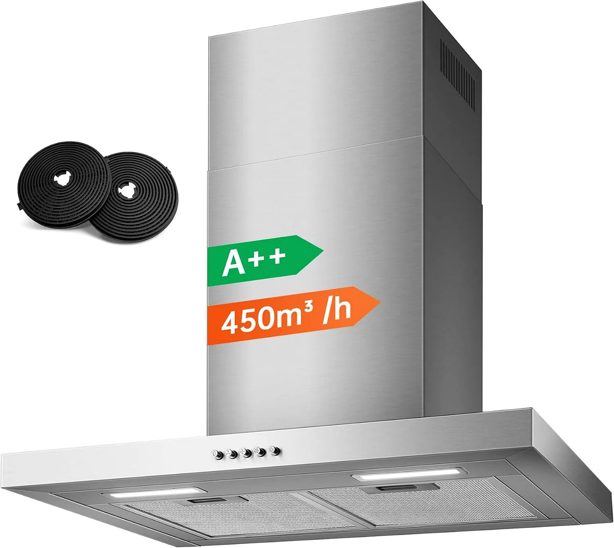 TopStrong 3-Stufen 450m3, Væghængte emhætter, 60cm rækkevidde hætte væg enhed, / h T- Shape hætte, 3-trins mekanisk, A + +, Sølv, 60cm, 65 dB
