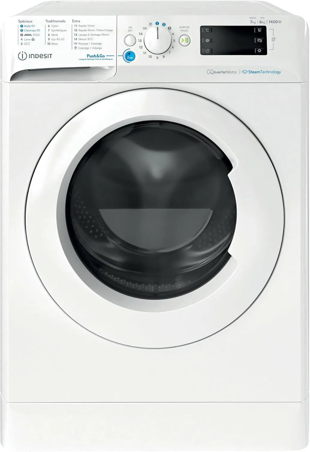 Indesit BDE76435WVFR L60cm, Vaske-tørremaskiner, Lave- linge séchant - 7 / 6 kg - Induktion - - 1400 trs / min - Blanc, Hvid, 76435W, 6 kg, 60cm