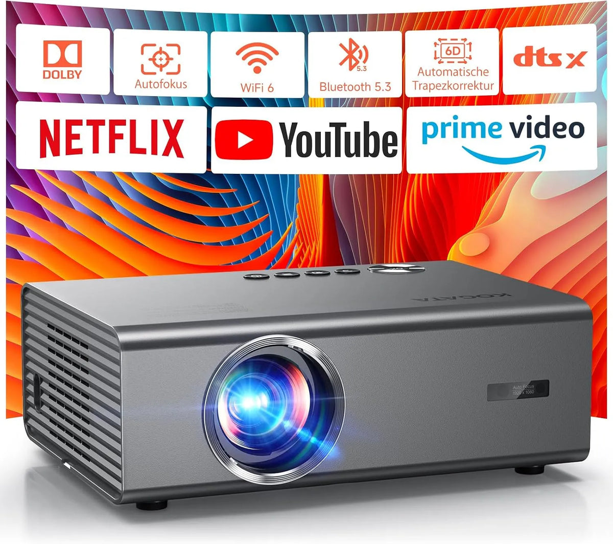 KOGATA, Projektorer, 4K Smart Beamer kompatibel med Netflix app, biografer-lignende lyd & HDR, Sort, 4K, 8 G, 3G