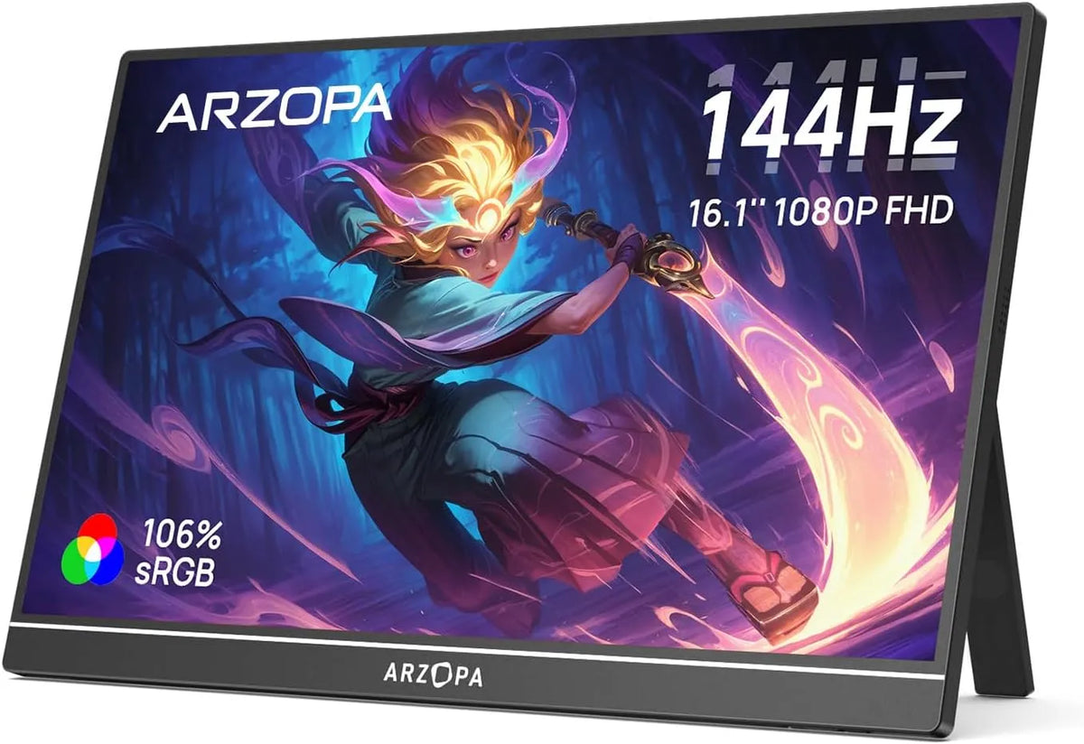 ARZOPA Laptop/PC/Mac/PS3/4/5/Xbox 1080P, Skærme, 16.1 '144HZ Portable monitor med en stand, 106% sRGB 1920 × FHD HDR 144HZ Gaming, Sort, 16.1 '