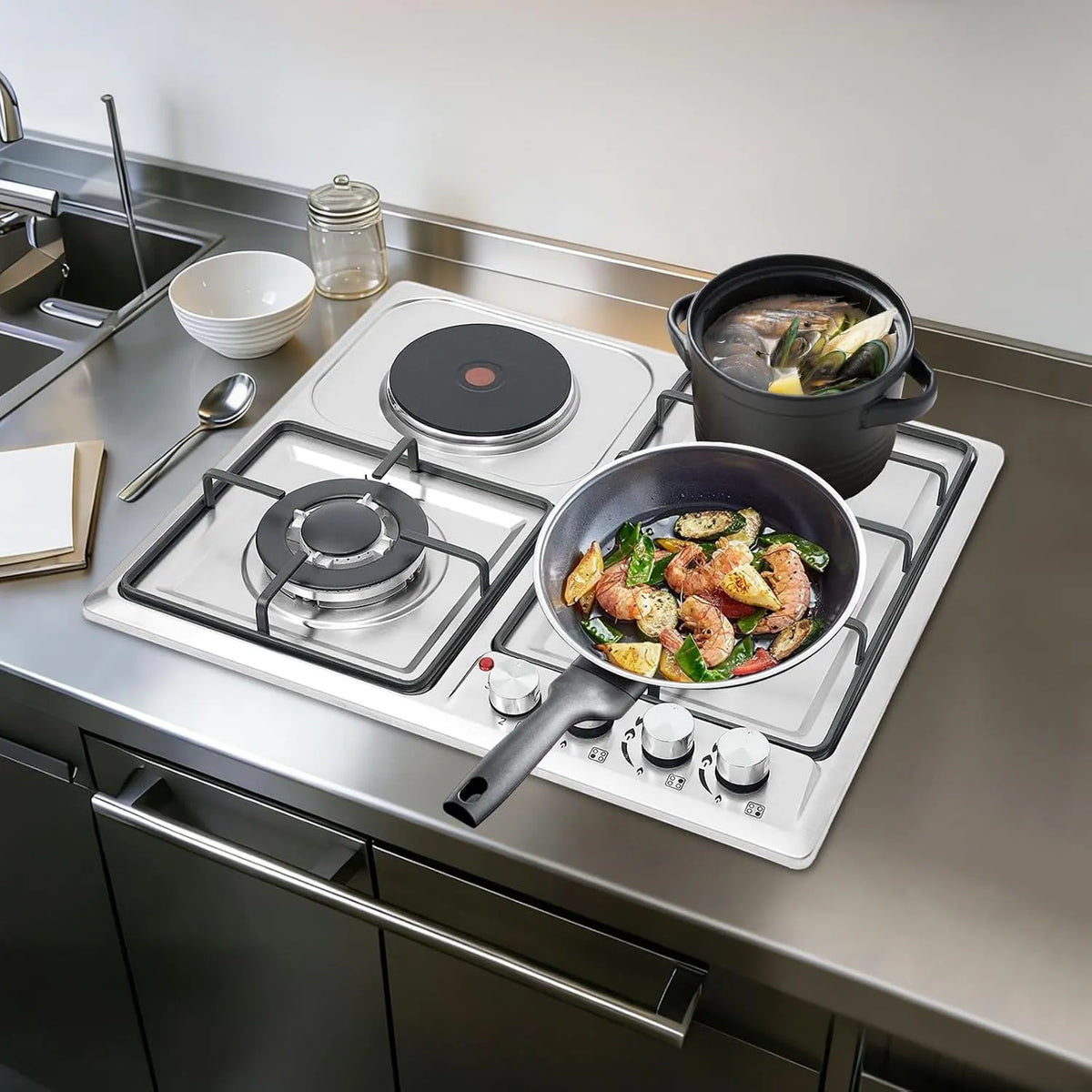 GIDRLL 1000-3300W, Kogeplader, Rustfrit stål gas kogeplade 4 Flammekøler bygget i gaskomfur, 1000- 3300W, Sølv, 3300W, 3 g, 1, 5 kW, 75 kW