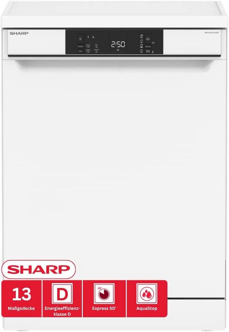 SHARP QW-NA1CF47DW-DE NA1CF47DW, Opvaskemaskiner, 60 cm, QW- - DE Fritstående opvaskemaskine 60cm, 13 skræddersyede lofter, 4 programmer, Hvid