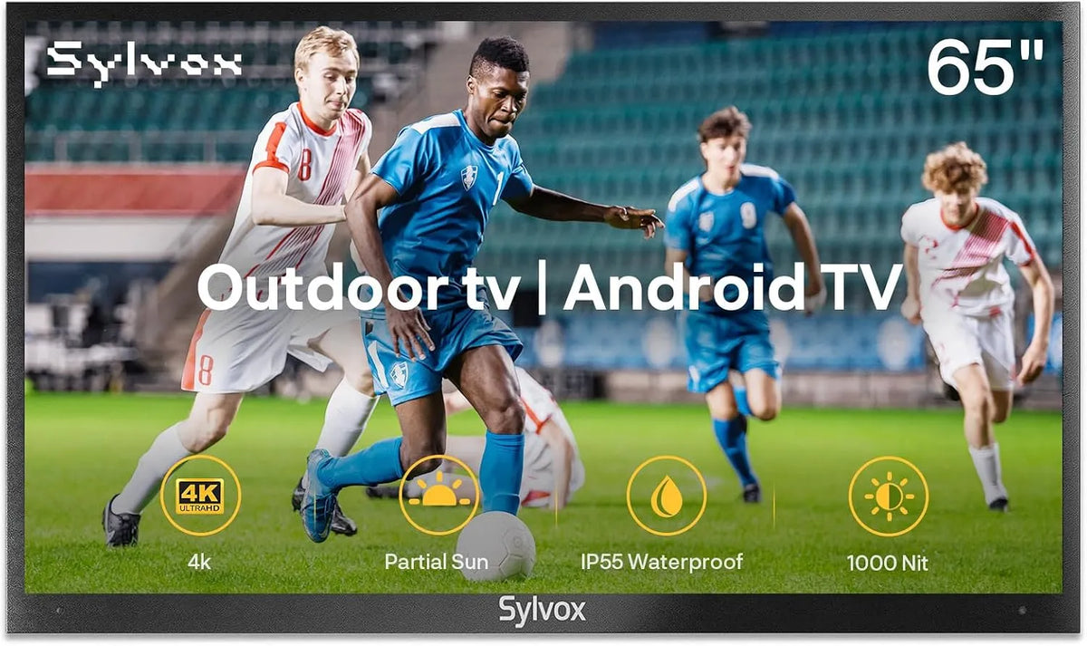 SYLVOX DVB-T2/S2 1000Nits, TV'er, 65 tommer Udendørs TV, IP55 vandtæt, 4K UHD HDR10, Smart Android-tv med Dolby, Sort, 55 v, 4K, 3840 × 2160