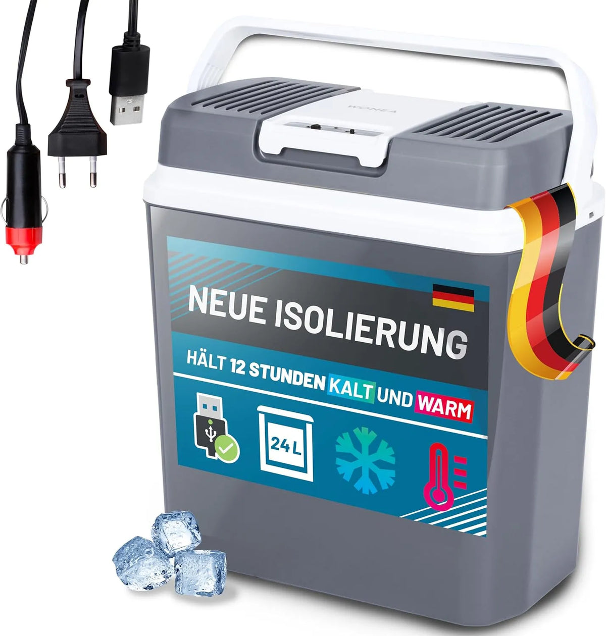 WONEA, Køleskabe, 24 liter køleboks elektrisk 230V, bil 12V, USB-tilslutning COOLING og WARMING, Sort, 24 l, 230V, 12V, 18dB