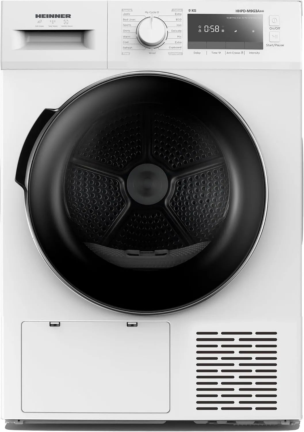 HEINNER HHPD-M9G3A, Varmepumpetørretumblere, +++ HHPD- + + + - 9 kg varmepumpe tørretumbler, 14 programmer, energiklasse D, Hvid, 9G, 9 kg