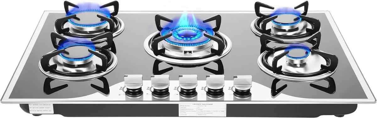 Fridgestea, Kogeplader, Gaskomfur med 5 flammer, Gas komfur bygget i gaskomfur med glasplade til propan, Sort, 6, 5 cm, 3kW, 10236 BTU, 2, 75kW