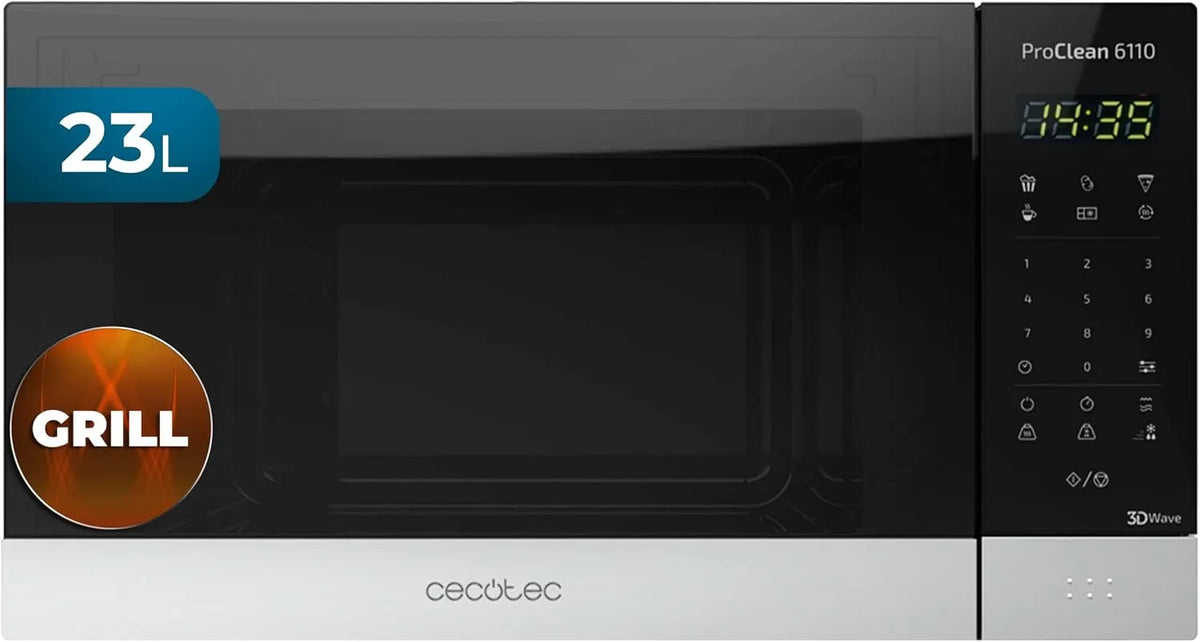 Cecotec, Solo-mikrobølgeovne, mikroovn ProClean 6110, 800 W, Grill 1000 W, 23L, Sort / sølv, 1000 W