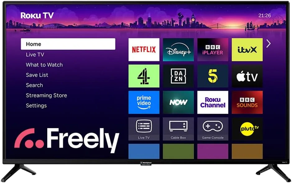 Westinghouse HDR10, Bærbare TV'er, Roku Freely Dolby Digital Smart TV med Dolby Audio, HDR, Apple TV +, BBC, Sort, 101, 6 cm, 1920 x 1080