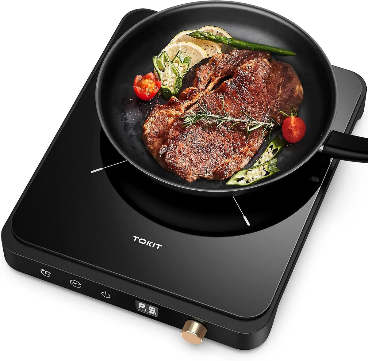 TOKIT 3-Stunden-Timer 9-Leistungseinstellung, Kogeplader, 9-Temperaturstufen Camping Induction Coostate 1 Plate, 2000W Induction Coostall, Sort