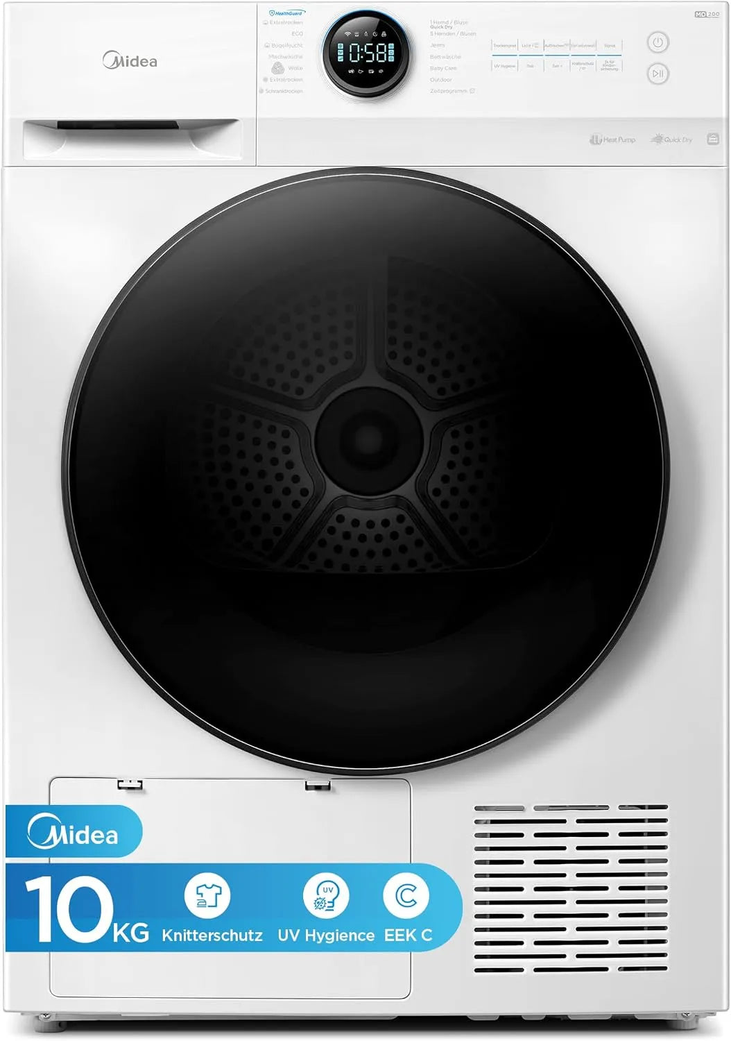 Midea MD20EH100WB-A3 MD20EH100WB, Varmepumpetørretumblere, A3 Varmepumpetørrer / 10 kg / EEK A + + + / UV-hygiejne / crackbeskyttelse / blød, Hvid