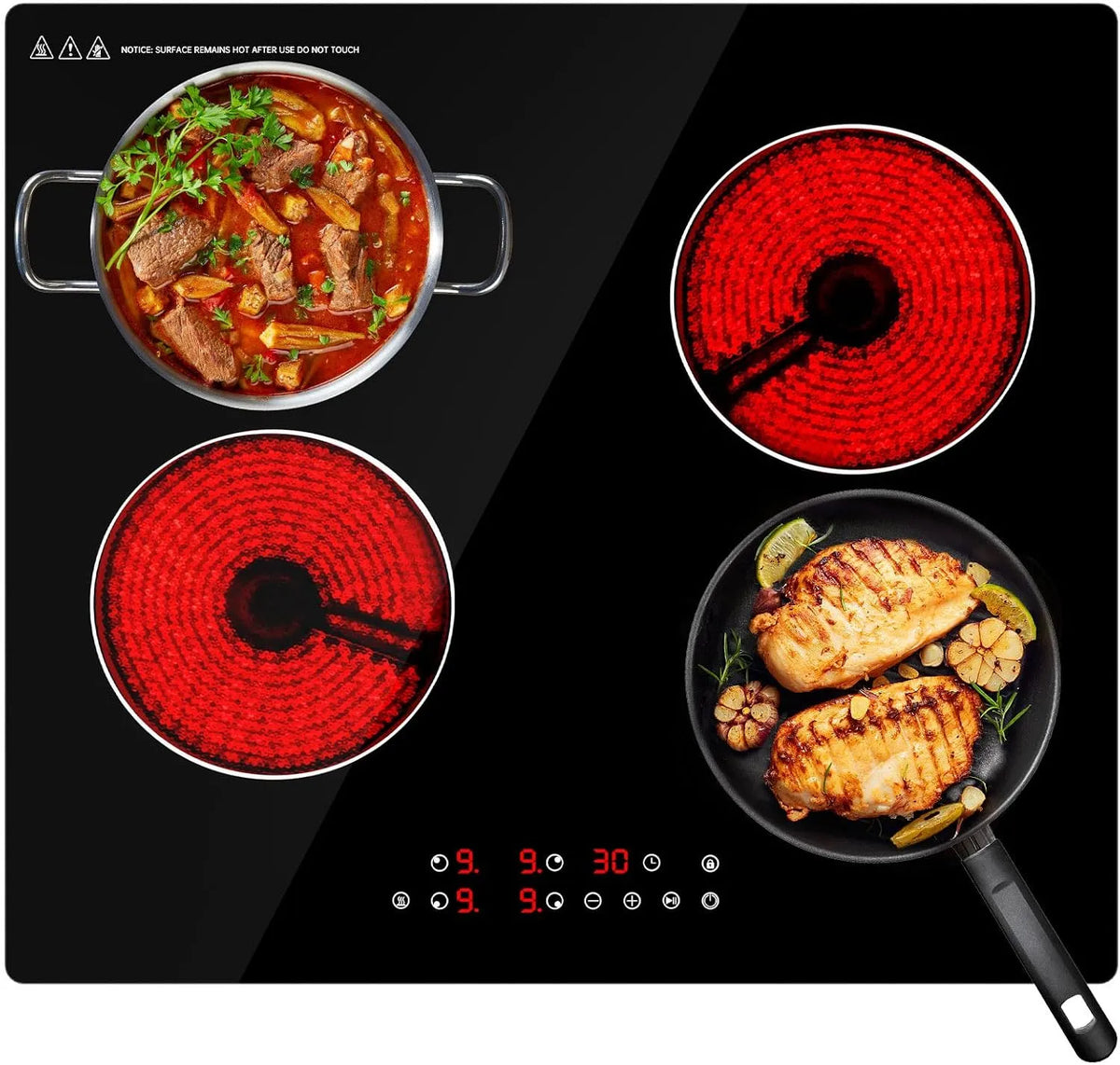 VELPAX, Kogeplader, Glas keramik Hob 4 zoner, 6000W build- i elektrisk hob, 9 effektniveauer, boost, Sort, 6000W, 1800W, 1200W