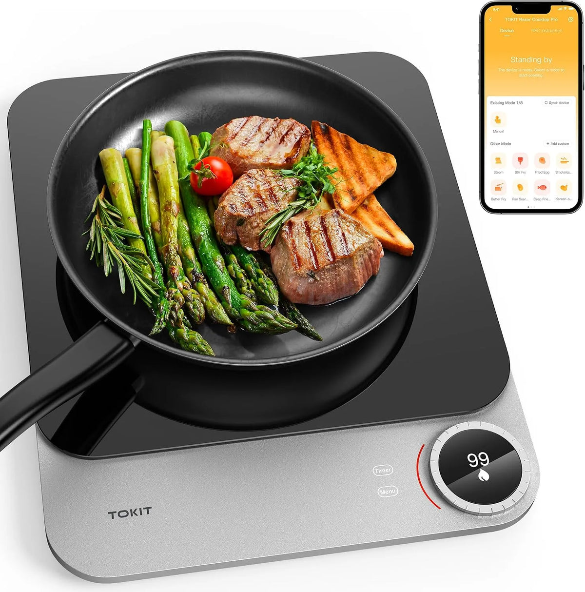 TOKIT, Kogeplader, Induction Hob 2100 W 1 plade, Induction Cooker med APP Kontroller 99, Sort, 2100 W, 20mm, 100W, OLED