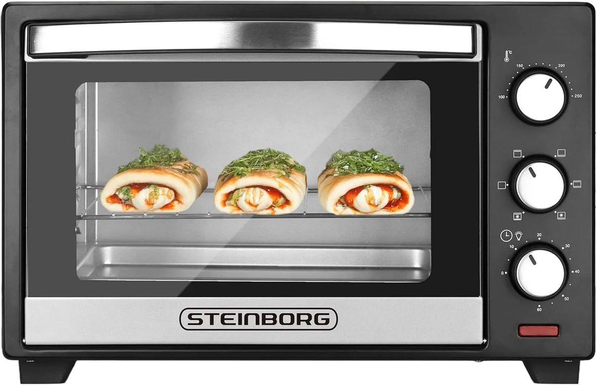 Steinborg 3-in-1, Miniovne, ® Mini ovn 25 liter Mini ovn Elektrisk - Pizza ovn Bordovn med top / bund varme &, Sort / sølv, 25 l, 1600 W