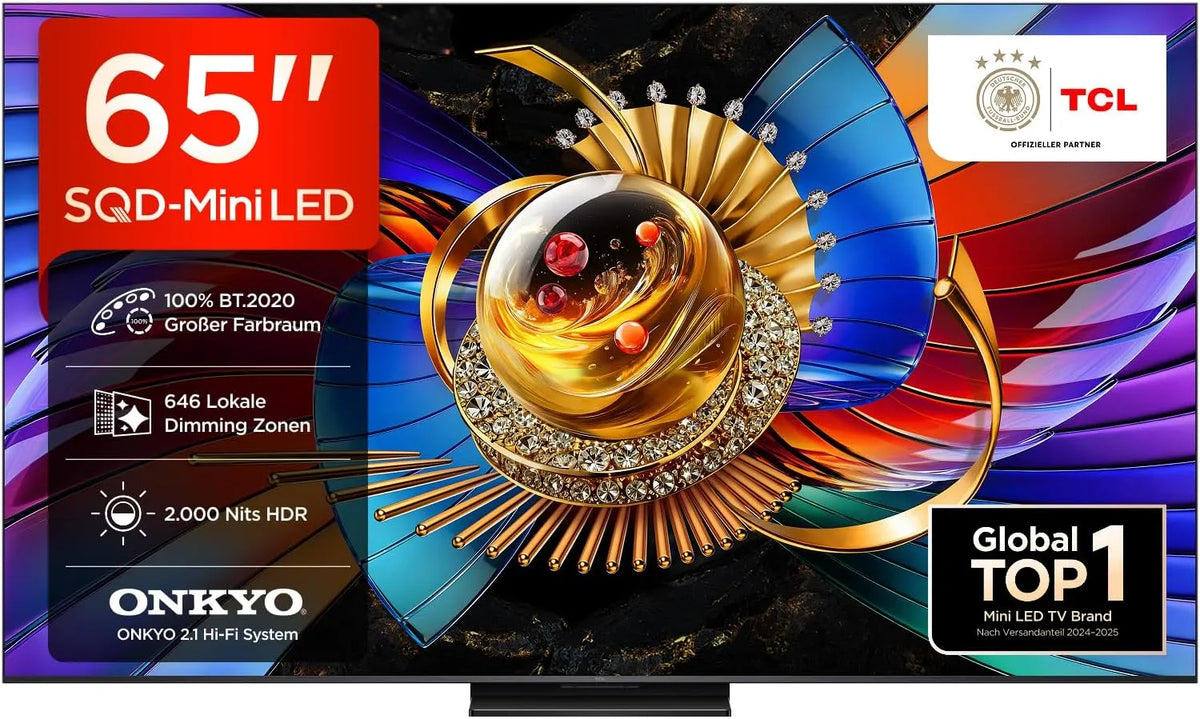 TCL 65Q7D, Bærbare TV'er, Pro SQD Mini LED 65 tommer TV, 4K Smart TV, Google TV, Sort, Mini LED, 4K, 144 Hz, 288 Hz