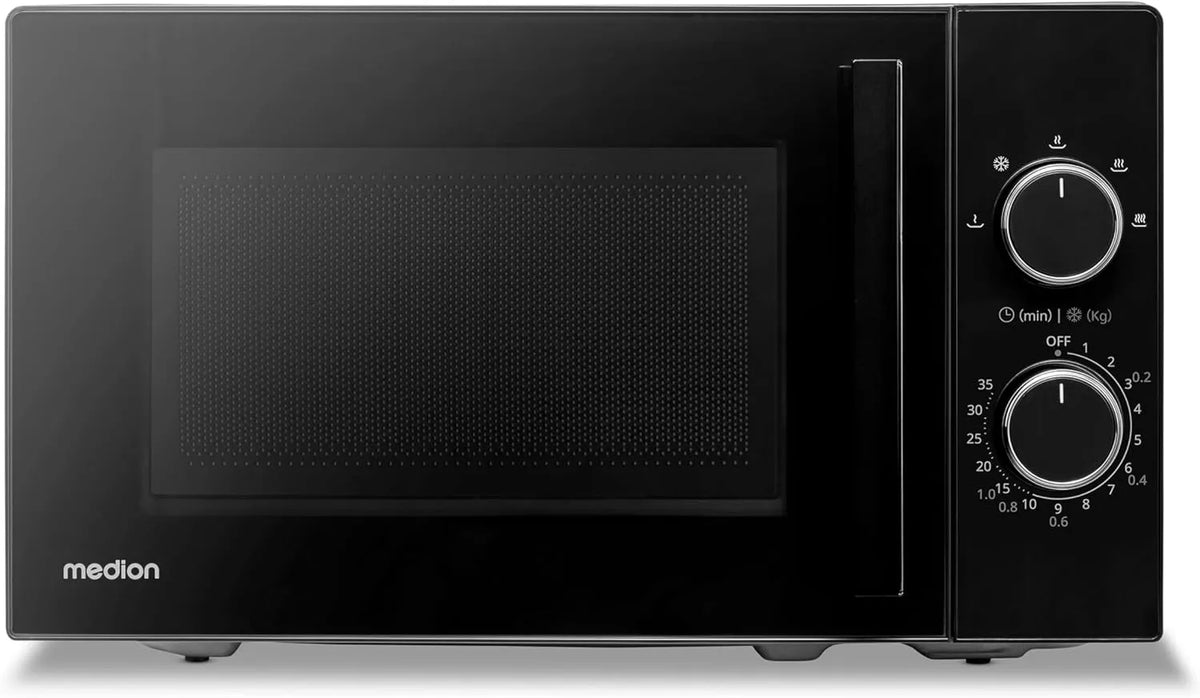 MEDION MD12011, Solo-mikrobølgeovne, mikrobølgeovn (20 liter, 800 watt, 5 mikrobølgeovn stadier, optøning funktion, Sort, 20 l, 800 w, 420 L
