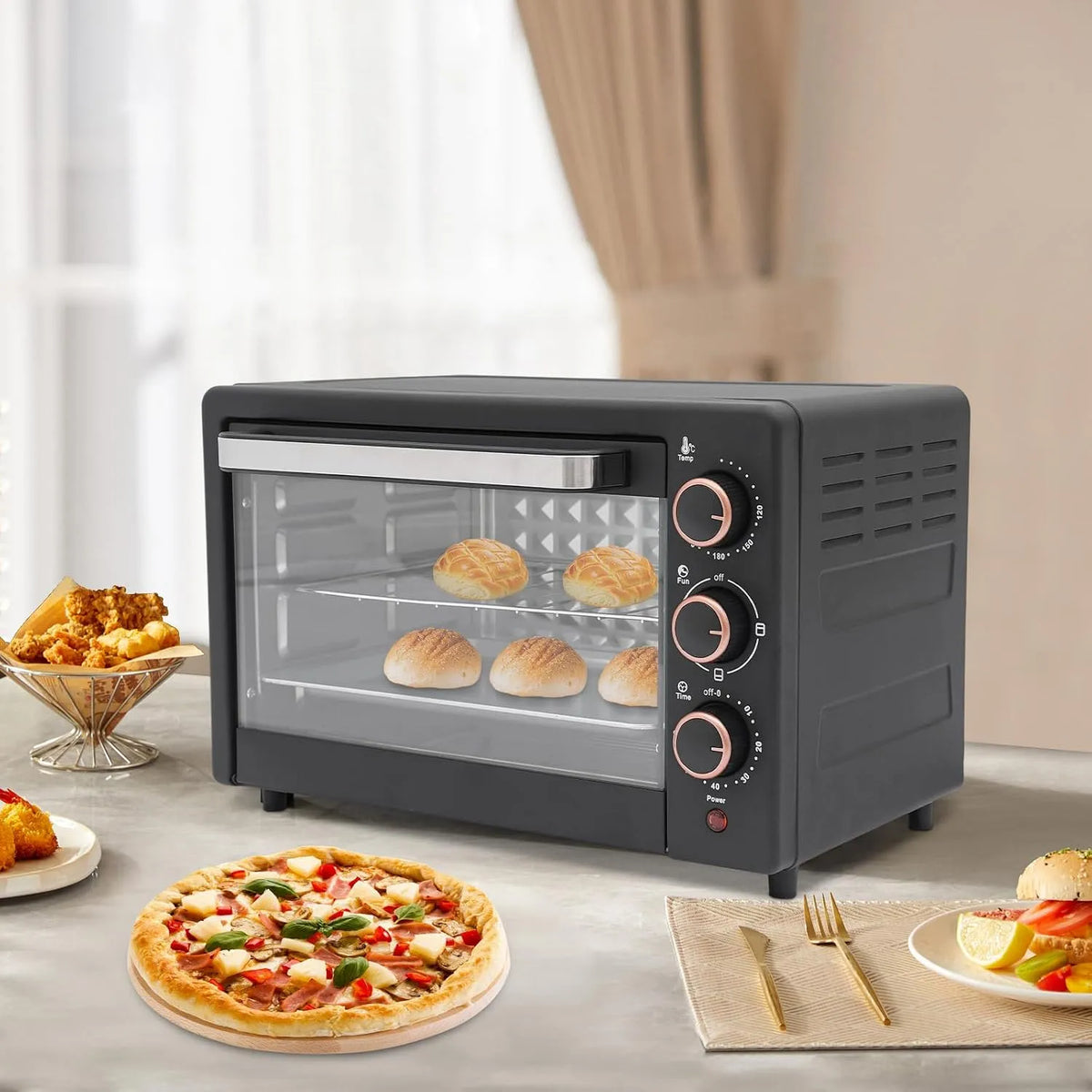 GIDRLL, Miniovne, 22L Kompakt miniovn med cirkulerende luft, 60 min timer, temperaturstyring 120 °, Sort / sølv, 22L, 1000 W, 4 v, 37cm