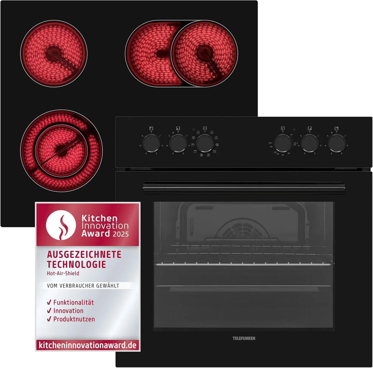 TELEFUNKEN ECHS65A-B2 ECHS65A, Komfursæt, B2 build- in komfur sæt el komfur kogetop kombination, Sort, 65 l, 2 x 145 mm, 1 x 180 mm, 5 x 59
