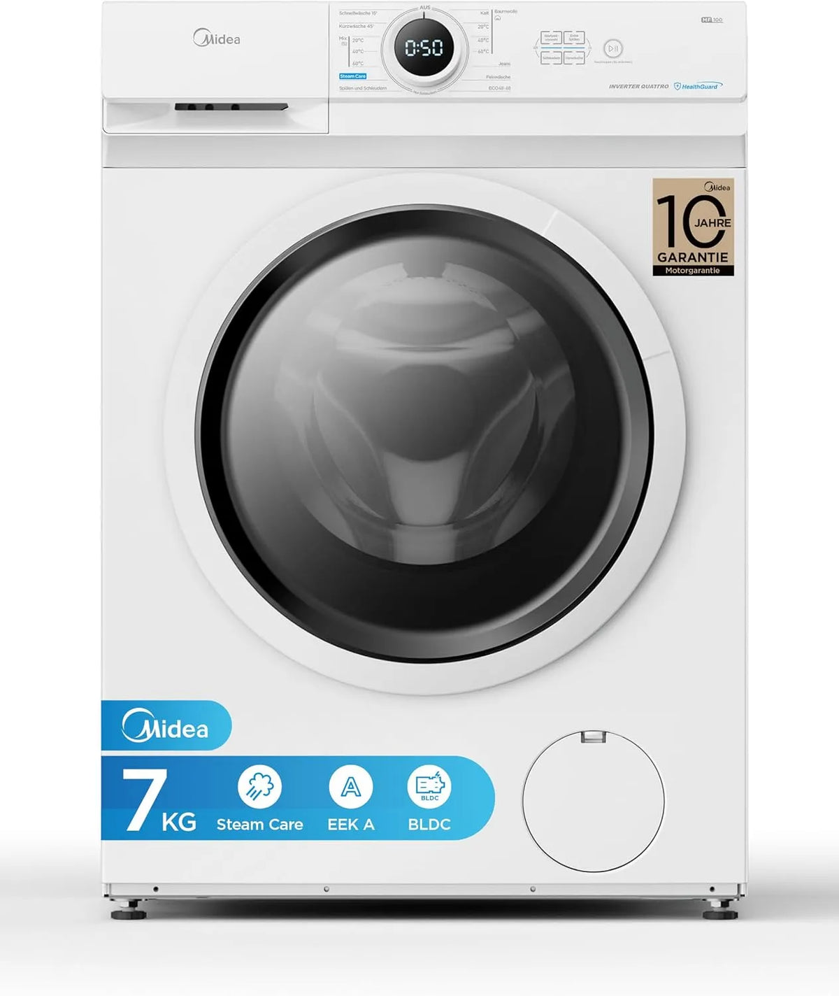 Midea MF10EW70B, Vaskemaskiner, vaskemaskine / 7kg / 1400 rpm / EEK A / Inverter Quattro motor / damp funktion /, Hvid, 7kg, 1400 rpm, 510 mm